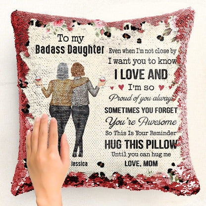 Custom sequin pillow for daughter, featuring a heartfelt message and photo. Reversible sequins, personalized gift.