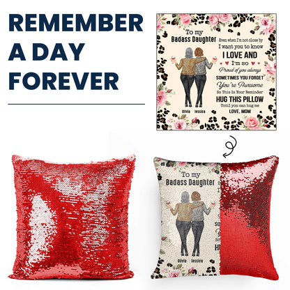 Custom sequin pillow for daughter, red, with a photo and heartfelt message: 'To my Badass Daughter', a personalized gift.