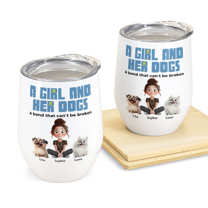 Dog mom gift: Personalized wine tumbler with girl and dog cartoon, stainless steel, 'A Girl and Her Dogs'.