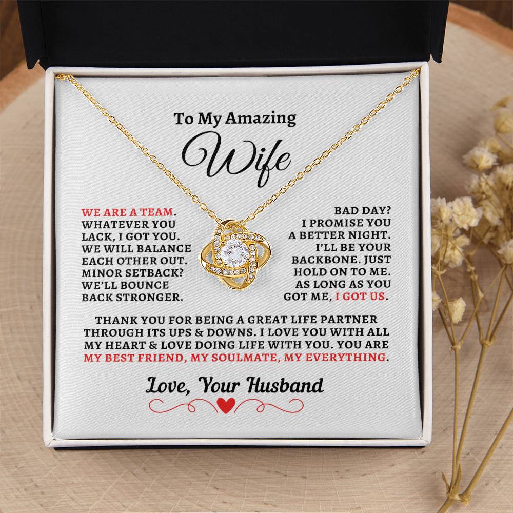 H2W-N08 - Gift For Wife: "We're A Team - Thank You" Knot Necklace