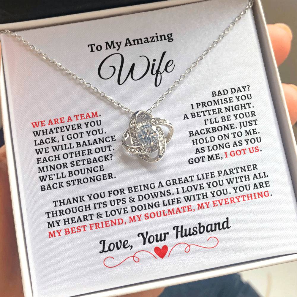 H2W-N08 - Gift For Wife: "We're A Team - Thank You" Knot Necklace