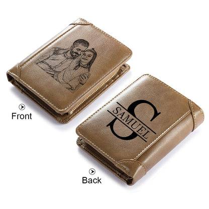 Custom Engraved Photo & Name Monogram Leather Wallet - Gifts for Men