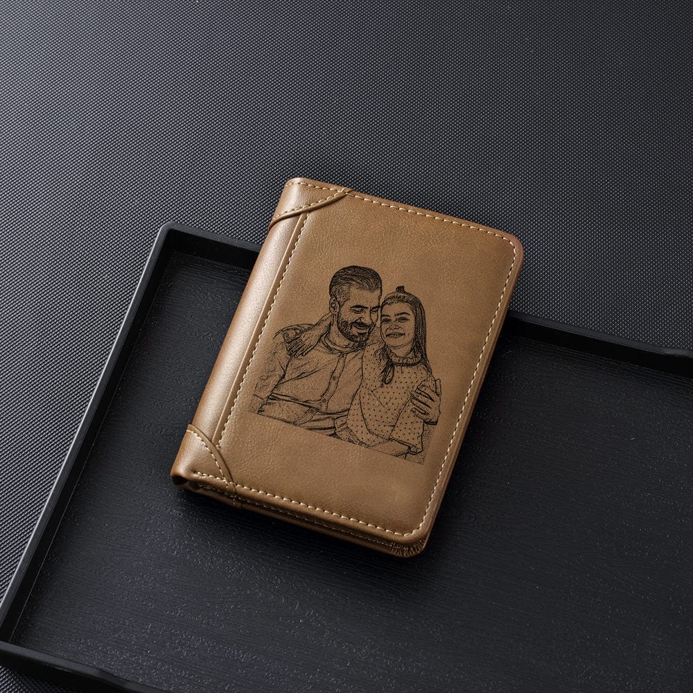 Custom Engraved Photo & Name Monogram Leather Wallet - Gifts for Men