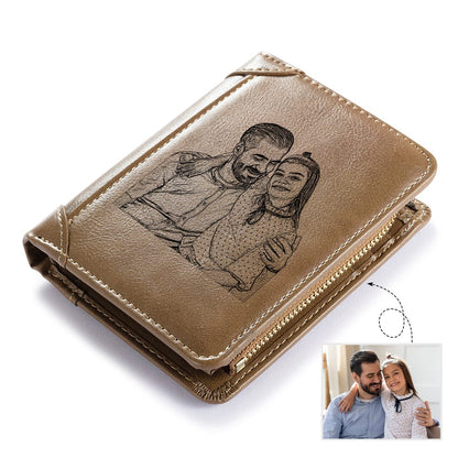 Custom Engraved Photo & Name Monogram Leather Wallet - Gifts for Men