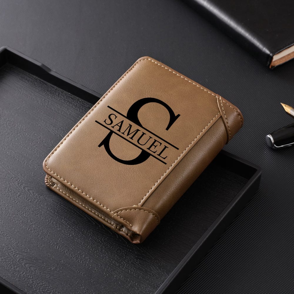 Custom Engraved Photo & Name Monogram Leather Wallet - Gifts for Men