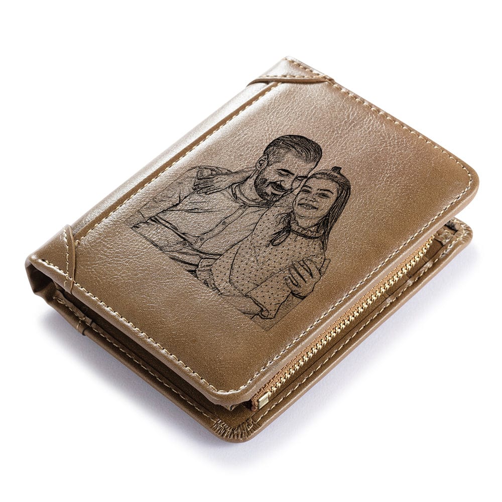 Custom Engraved Photo & Name Monogram Leather Wallet - Gifts for Men