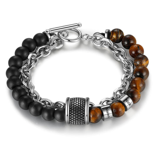 Personalized 2-Tone & 2-Name Bracelet for Him - Tiger Eye Stone Bracelet