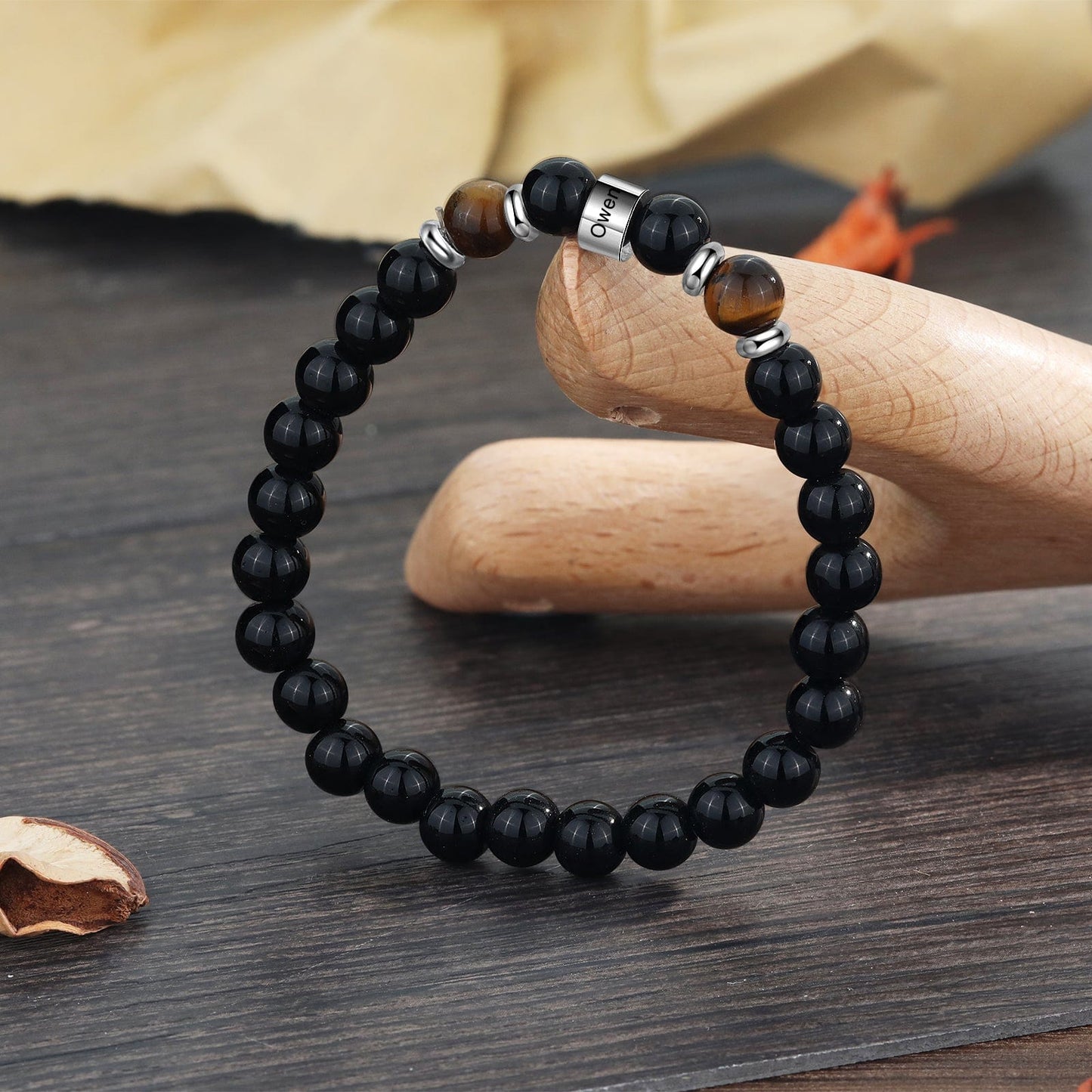 1 Name Personalized Bracelet for Him - Tiger Eye & Black Agate Stone