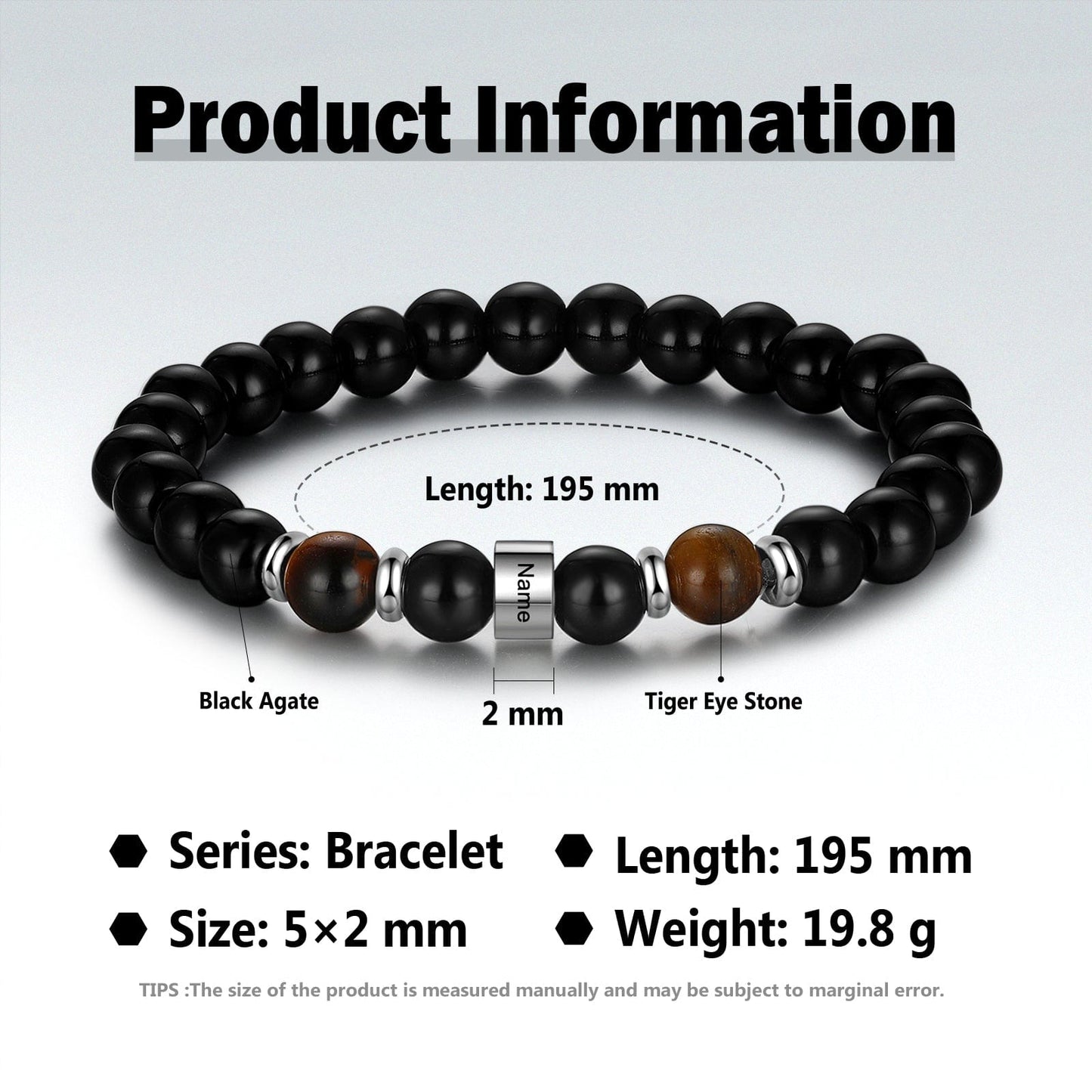 1 Name Personalized Bracelet for Him - Tiger Eye & Black Agate Stone