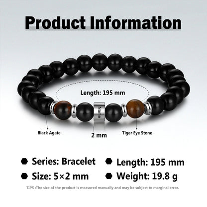 1 Name Personalized Bracelet for Him - Tiger Eye & Black Agate Stone