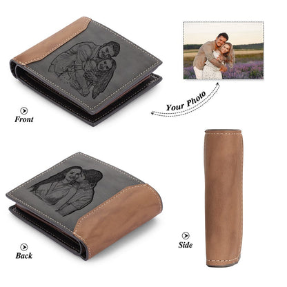 Custom Engraved Photo & Name Monogram Wallet - Gifts for Men (Grey & Brown)