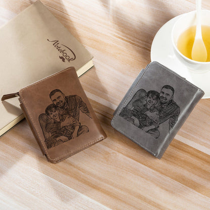 Custom Engraved Photo & Monogram Trifold Wallet (Brown)