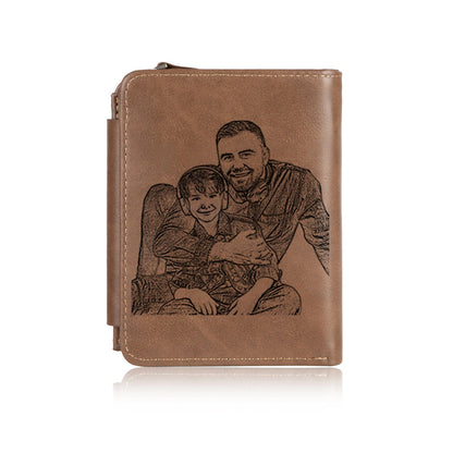 Custom Engraved Photo & Monogram Trifold Wallet (Brown)