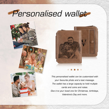 Custom Engraved Photo & Monogram Trifold Wallet (Brown)