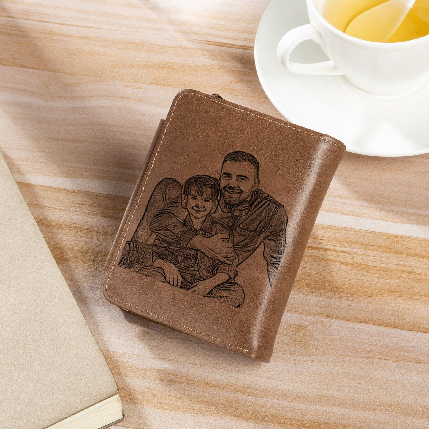 Custom Engraved Photo & Monogram Trifold Wallet (Brown)