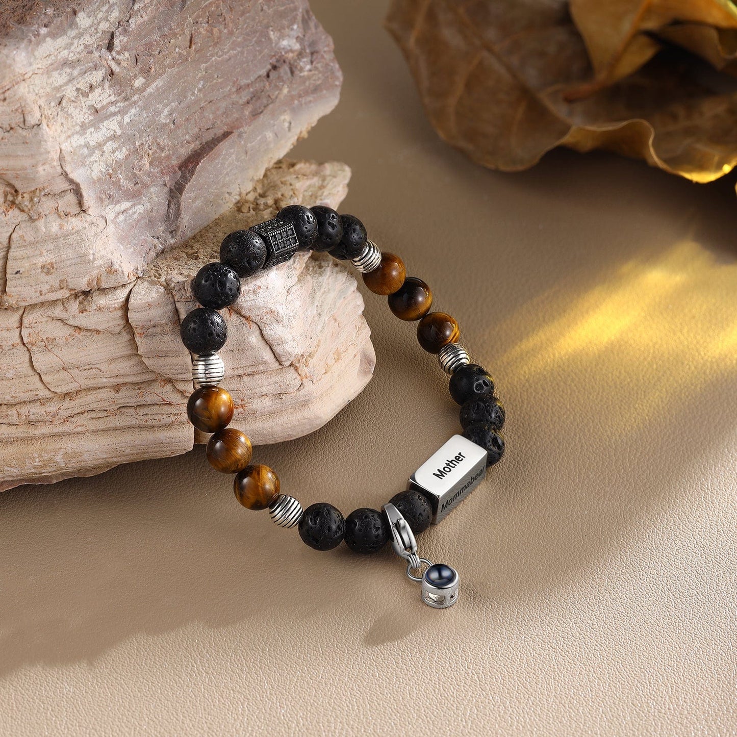 Custom Photo Projection w/ 4 Name Bar Bracelet - Tiger Eye & Lava Stone