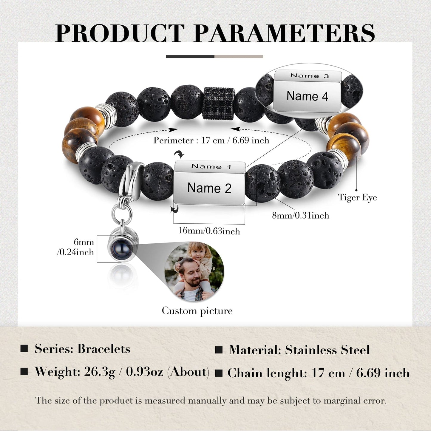 Custom Photo Projection w/ 4 Name Bar Bracelet - Tiger Eye & Lava Stone