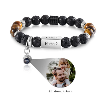 Custom Photo Projection w/ 4 Name Bar Bracelet - Tiger Eye & Lava Stone