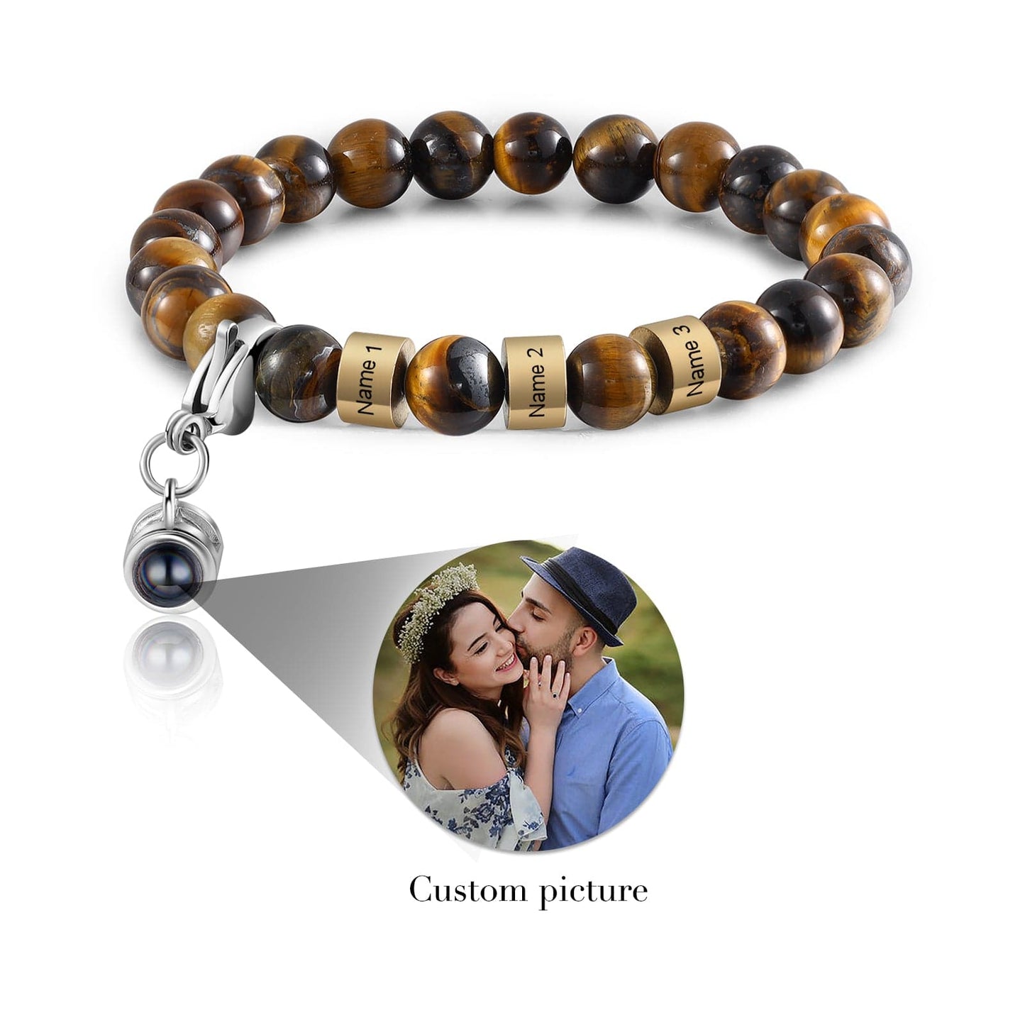 Personalized Name & Photo Projection Bracelet for Him - Tiger Eye Stone