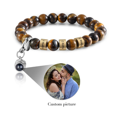 Personalized Name & Photo Projection Bracelet for Him - Tiger Eye Stone