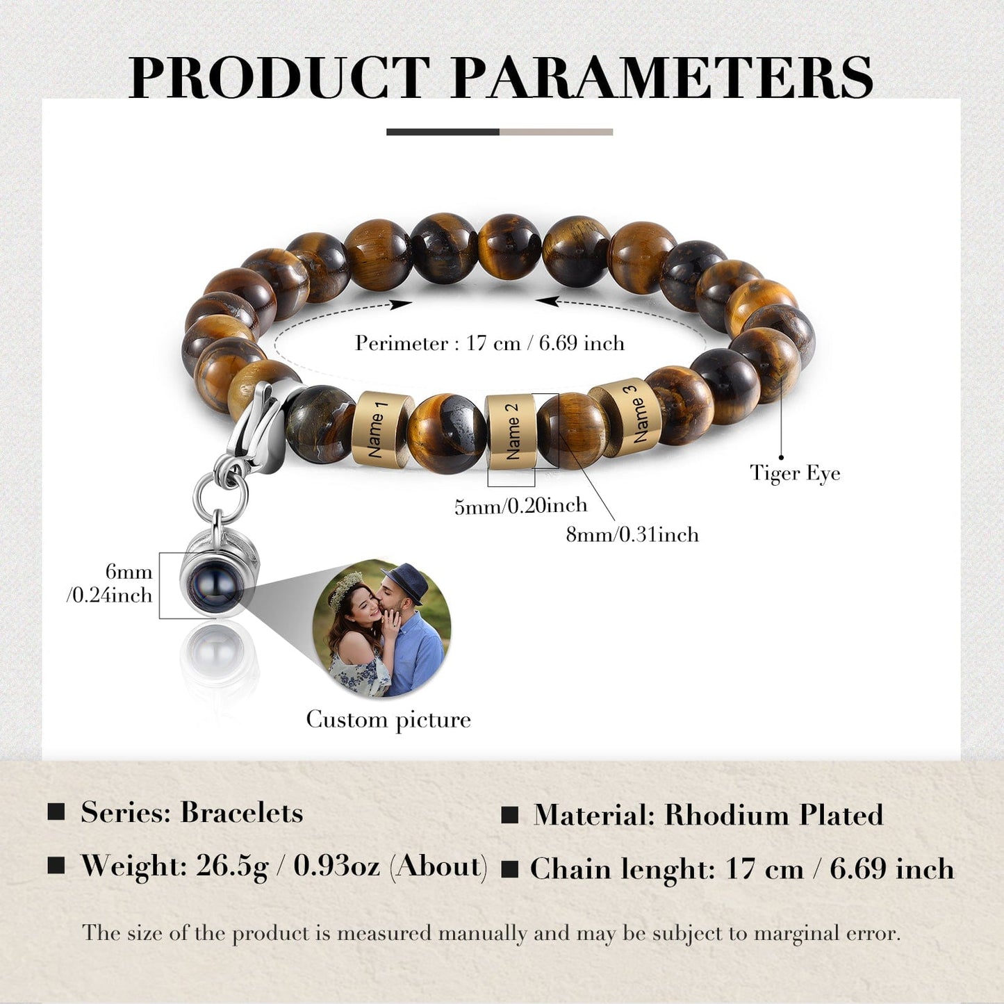 Personalized Name & Photo Projection Bracelet for Him - Tiger Eye Stone