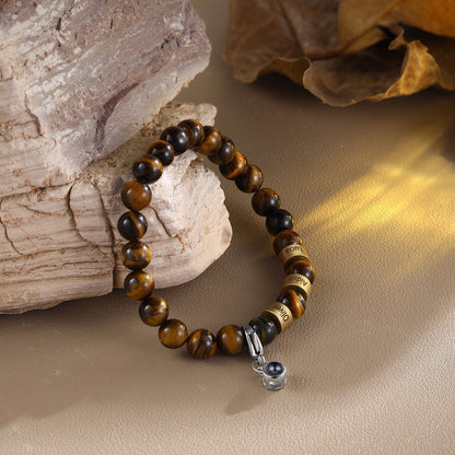 Personalized Name & Photo Projection Bracelet for Him - Tiger Eye Stone