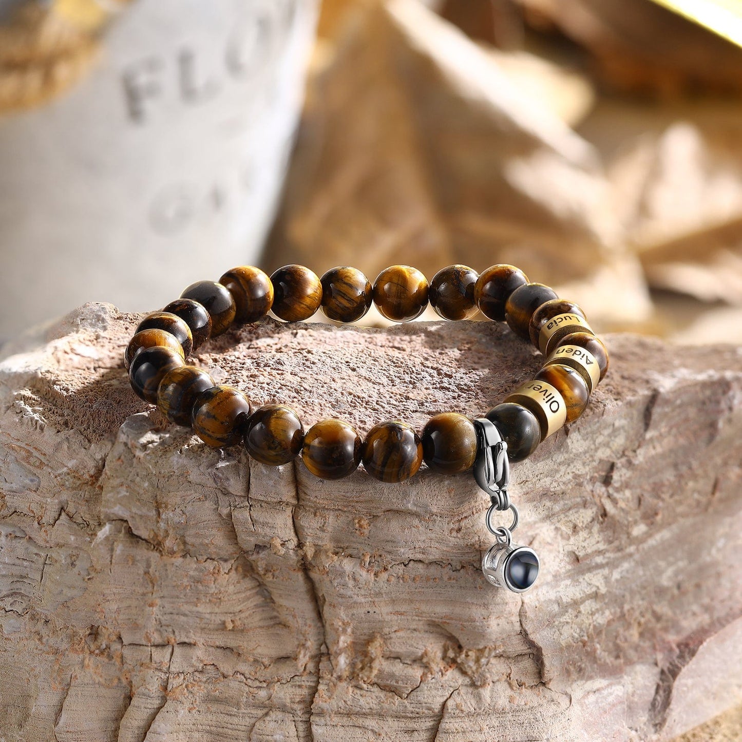 Personalized Name & Photo Projection Bracelet for Him - Tiger Eye Stone