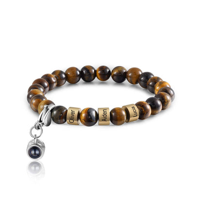 Personalized Name & Photo Projection Bracelet for Him - Tiger Eye Stone