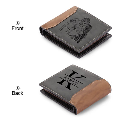 Custom Engraved Photo & Name Monogram Wallet - Gifts for Men (Grey & Brown)