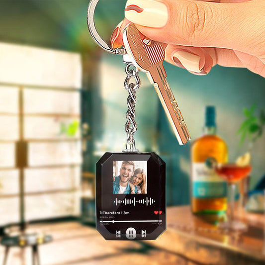 Custom Photo Music Keychain, Crystal pendant with scannable code, personalized gift.