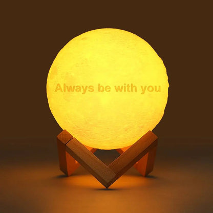 Custom 3D printed moon lamp with 'always be with you' text, a perfect family Christmas gift.