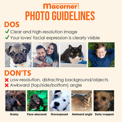 Pet photo guidelines for personalized pet memorial suncatchers: examples of clear, high-resolution photos.