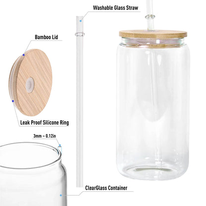 Clear glass cup with wooden lid and straw, perfect for custom messages and gifts.