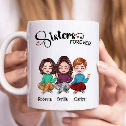 Sisters Forever Personalized Mug, custom cartoon illustration with names, perfect gift.