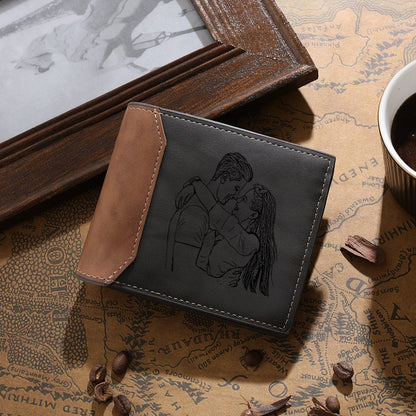 Custom Engraved Photo & Name Monogram Wallet - Gifts for Men (Grey & Brown)