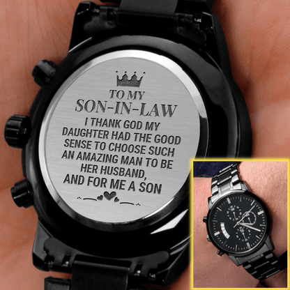 To My Son-In-Law - "I Thank God" Engraved Mens Luxury Chronograph Watch